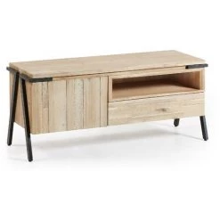 Kave Home - Meuble TV Thinh 125 X 53 Cm Avec Porte Et Tiroir En Bois Massif D'acacia Et Pieds En Acier Noir - Naturel