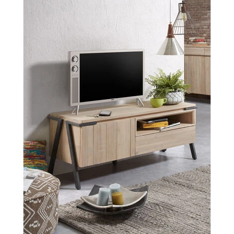 Kave Home - Meuble TV Thinh 125 X 53 Cm Avec Porte Et Tiroir En Bois Massif D'acacia Et Pieds En Acier Noir - Naturel 5 Kave Home - Meuble TV Thinh 125 X 53 Cm Avec Porte Et Tiroir En Bois Massif D'acacia Et Pieds En Acier Noir - Naturel – Image 3
