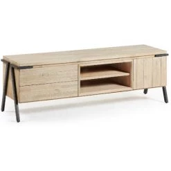 Kave Home - Meuble TV Thinh 165 X 53 Cm Avec Porte Et 2 Tiroirs En Bois Massif D'acacia Et Pieds En Acier Noir - Naturel