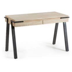 Kave Home - Bureau Thin Rectangulaire 120 X 60 Cm à 2 Tiroirs En Bois Massif D'acacia Et Pieds En Acier Noir - Naturel