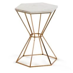 Kave Home - Table D'appoint Linha Blanche Hexagonal 37 Cm En Marbre Et Pied En Acier En Doré - Cuivre