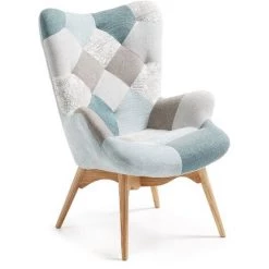 Kave Home - Fauteuil Kody Bleu Patchwork à Accoudoirs Et Pieds En Bois Massif De Hêtre Natural - Multicolore