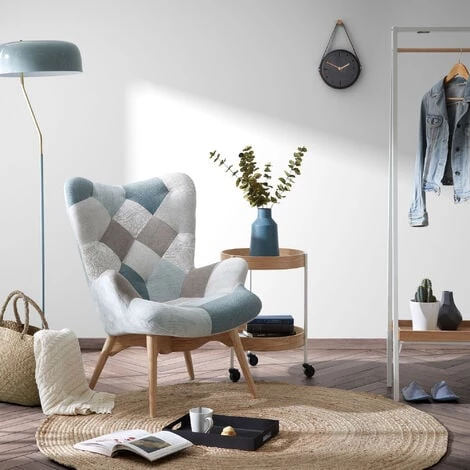 Kave Home - Fauteuil Kody Bleu Patchwork à Accoudoirs Et Pieds En Bois Massif De Hêtre Natural - Multicolore 6 Kave Home - Fauteuil Kody Bleu Patchwork à Accoudoirs Et Pieds En Bois Massif De Hêtre Natural - Multicolore – Image 4