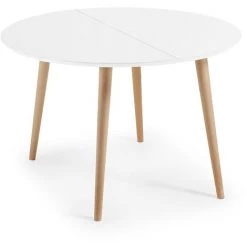 Kave Home - Table De Salle à Manger Extensible Oqui Ronde 120 (200) X 120 Cm Blanche En Mélamine Et Pieds En Bois De Hêtre - Blanc
