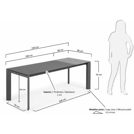 Kave Home - Table De Salle à Manger Extensible Axis Rectangulaire 160 (220) X 90 Cm Graphite En Verre Avec Pieds En Acier Graphite - Gris 6 Kave Home - Table De Salle à Manger Extensible Axis Rectangulaire 160 (220) X 90 Cm Graphite En Verre Avec Pieds En Acier Graphite - Gris – Image 4