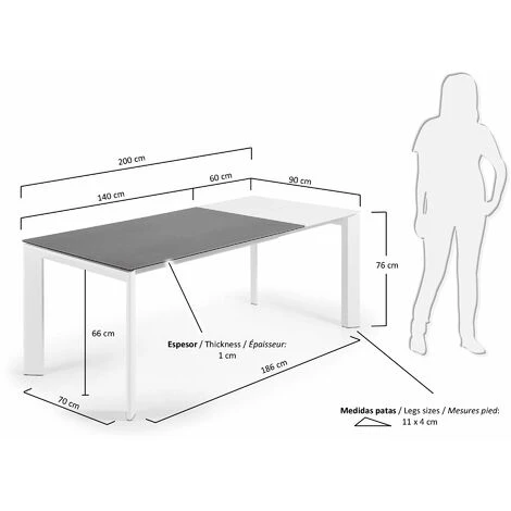 Kave Home - Table De Salle à Manger Extensible Axis Rectangulaire 140 (200) X 90 Cm En Porcelaine Vulcano Ro Avec Pieds En Acier Blanc - Gris 6 Kave Home - Table De Salle à Manger Extensible Axis Rectangulaire 140 (200) X 90 Cm En Porcelaine Vulcano Ro Avec Pieds En Acier Blanc - Gris – Image 4
