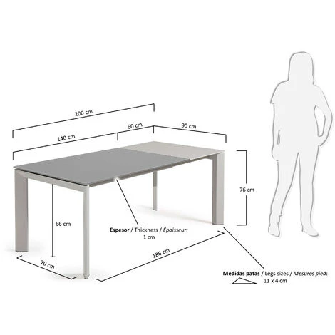 Kave Home - Table De Salle à Manger Extensible Axis Rectangulaire 140 (200) X 90 Cm Gris En Verre Avec Pieds En Acier Gris - Gris 6 Kave Home - Table De Salle à Manger Extensible Axis Rectangulaire 140 (200) X 90 Cm Gris En Verre Avec Pieds En Acier Gris - Gris – Image 4