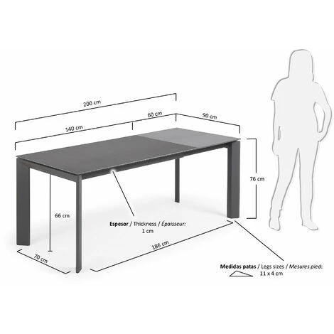 Kave Home - Table De Salle à Manger Extensible Axis Rectangulaire 140 (200) X 90 Cm En Porcelaine Vulcano Ro Avec Pieds En Acier Graphite - Gris 6 Kave Home - Table De Salle à Manger Extensible Axis Rectangulaire 140 (200) X 90 Cm En Porcelaine Vulcano Ro Avec Pieds En Acier Graphite - Gris – Image 4