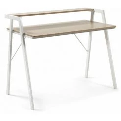 Kave Home - Bureau Aarhus Rectangulaire 110 X 60 Cm Avec Plateau En Acier Effet Bois, Structure En Acier Blanc Et étagère - Naturel