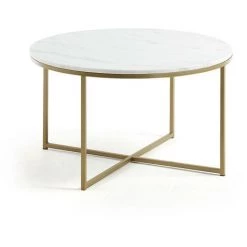 Kave Home - Table Basse Sheffield En Marbre Blanc Et Pieds En Acier Finition Dorée Ø 80 Cm - Blanc