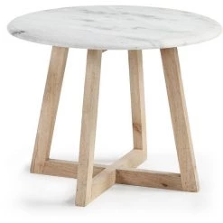 Kave Home - Table D'appoint Haylo Blanche Ronde Ø 50 Cm De Marbre Et Structure En Bois Massif De Manguier - Naturel