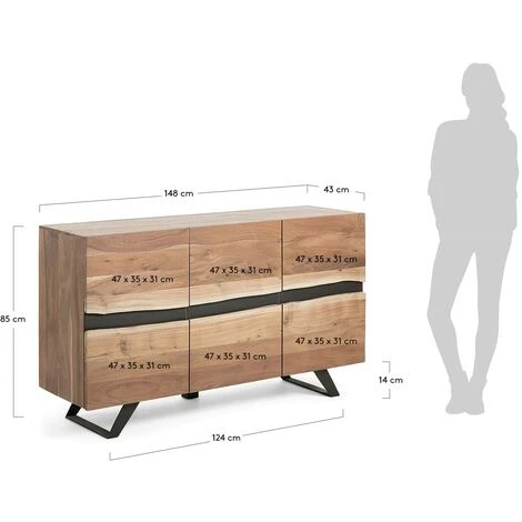 Kave Home - Buffet Uxia 148 X 85 Cm à 3 Portes En Bois Massif D'acacia Et Pieds En Acier Noir - Naturel 6 Kave Home - Buffet Uxia 148 X 85 Cm à 3 Portes En Bois Massif D'acacia Et Pieds En Acier Noir - Naturel – Image 4