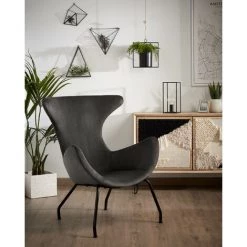 Kave Home - Fauteuil Chleo En Velours Gris Et Pieds En Acier Finition Noire - Gris -KAVE HOME Soldes 2022 12436530 4
