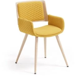 Kave Home - Chaise De Salle à Manger Angie Moutarde Avec Accoudoirs Et Pieds En Acier Avec Effet Bois - Moutarde
