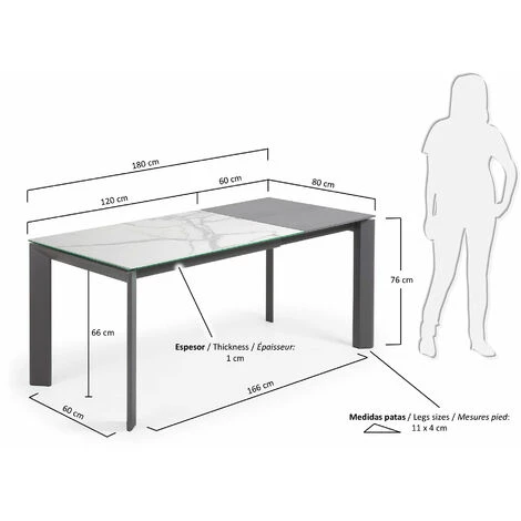 Kave Home - Table De Salle à Manger Extensible Axis Rectangulaire 120 (180) X 80 Cm En Porcelaine Kalos Blanc Avec Pieds En Acier Graphite - Blanc 6 Kave Home - Table De Salle à Manger Extensible Axis Rectangulaire 120 (180) X 80 Cm En Porcelaine Kalos Blanc Avec Pieds En Acier Graphite - Blanc – Image 4