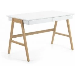 Kave Home - Bureau Dyana En MDF Laqué Blanc Et Pieds En Chêne Massif 120 X 60 Cm - Naturel