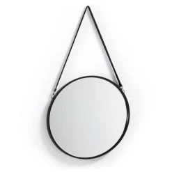 Kave Home - Miroir Mural Raintre Noir Rond Ø 50 Cm En Métal Noir Avec Anse En Cuir Synthétique - Noir