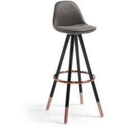 Kave Home - Tabouret De Bar Slad Gris 74 Cm Avec Dossier, Siège Tapissé En Polyuréthane Et Pieds En Bois Massif De Hêtre - Noir
