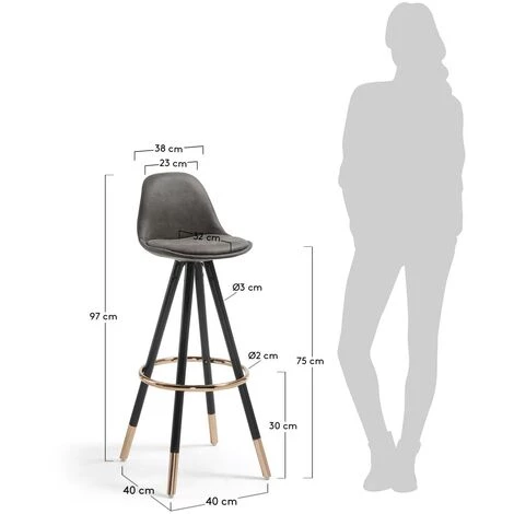 Kave Home - Tabouret De Bar Slad Gris 74 Cm Avec Dossier, Siège Tapissé En Polyuréthane Et Pieds En Bois Massif De Hêtre - Noir 7 Kave Home - Tabouret De Bar Slad Gris 74 Cm Avec Dossier, Siège Tapissé En Polyuréthane Et Pieds En Bois Massif De Hêtre - Noir – Image 5