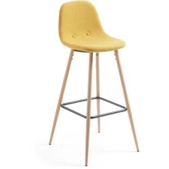 Kave Home - Tabouret De Bar Nolite Moutarde 75 Cm Avec Dossier Et Pieds En Acier Effet Bois - Moutarde