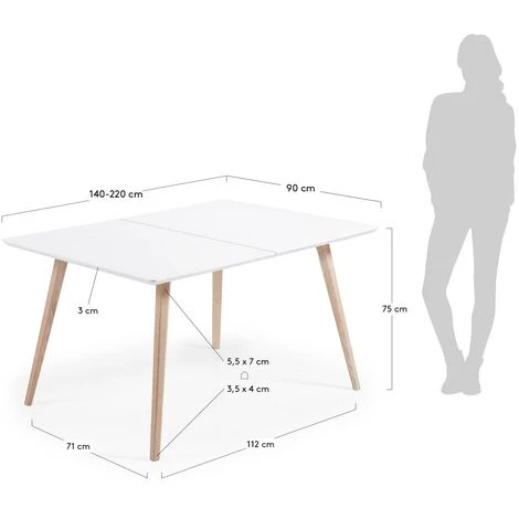 Kave Home - Table De Salle à Manger Extensible Eunice Rectangulaire 140 (220) X 90 Cm Blanche Avec Pieds En Bois De Frêne - Blanc 6 Kave Home - Table De Salle à Manger Extensible Eunice Rectangulaire 140 (220) X 90 Cm Blanche Avec Pieds En Bois De Frêne - Blanc – Image 4