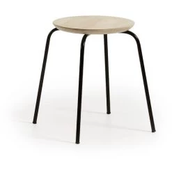 Kave Home - Tabouret Ren Noir Rond Avec Assise En Bois De Manguier Massif Et Pieds En Acier - Noir
