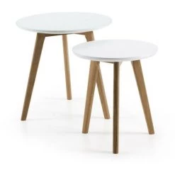 Kave Home - Lot En 2 Tables D'appoint Kirb Blanc Ronde Ø 50 / Ø 40 Cm Avec Pieds En Bois Massif De Chêne - Blanc