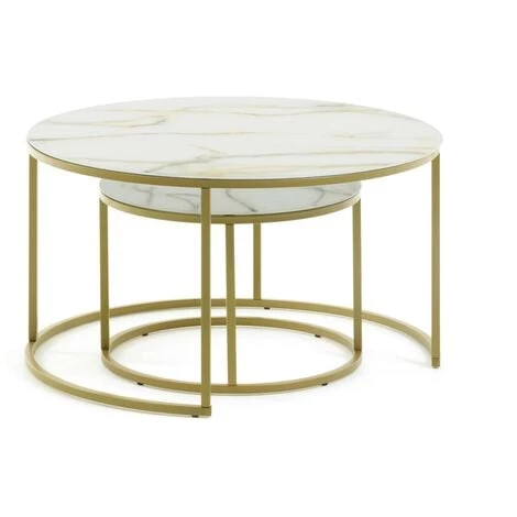 Kave Home - Ensemble Leonor De 2 Tables D'appoint En Verre Blanc Et Acier Finition Dorée Ø80cm / Ø50cm - Blanc 4 Kave Home - Ensemble Leonor De 2 Tables D'appoint En Verre Blanc Et Acier Finition Dorée Ø80cm / Ø50cm - Blanc – Image 2