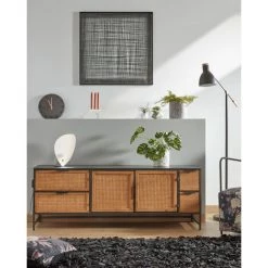Kave Home - Meuble TV Kyoko 2 Portes Et 4 Tiroirs Bois Massif Sapin Osier Et Métal Noir 150 X 55 Cm - Noir -KAVE HOME Soldes 2022 15588429 4