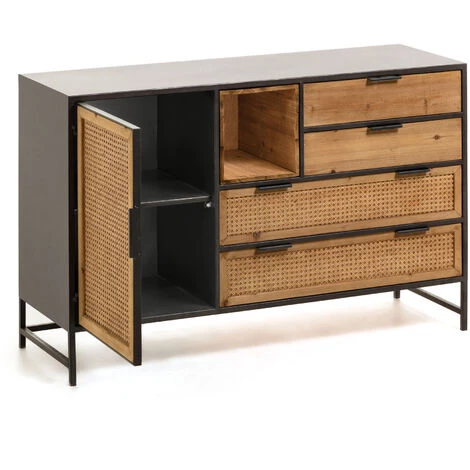 Kave Home - Buffet Kyoko 1 Porte Et 4 Tiroirs Bois De Sapin Massif Osier Et Métal Noir 120 X 75 Cm - Noir 4 Kave Home - Buffet Kyoko 1 Porte Et 4 Tiroirs Bois De Sapin Massif Osier Et Métal Noir 120 X 75 Cm - Noir – Image 2
