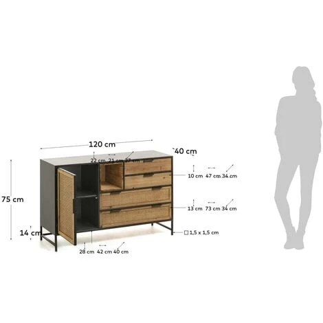 Kave Home - Buffet Kyoko 1 Porte Et 4 Tiroirs Bois De Sapin Massif Osier Et Métal Noir 120 X 75 Cm - Noir 7 Kave Home - Buffet Kyoko 1 Porte Et 4 Tiroirs Bois De Sapin Massif Osier Et Métal Noir 120 X 75 Cm - Noir – Image 5