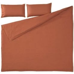 Kave Home - Set Ibelis Drap-housse, Housse Couette, Taies Oreiller En Coton Bio (GOTS)135x190cm Grenat - Rouge