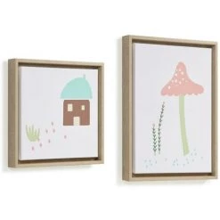Kave Home - Lot Leshy De 2 Tableaux Champignon Rose Et Maison Bleue 30 X 40 Cm / 30 X 30 Cm - Multicolore