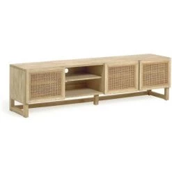 Kave Home - Meuble TV Rexit 3 Portes En Bois Massif Et Placage De Mindy Et Rotin 180 X 50 Cm - Naturel