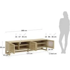 Kave Home - Meuble TV Rexit 3 Portes En Bois Massif Et Placage De Mindy Et Rotin 180 X 50 Cm - Naturel -KAVE HOME Soldes 2022 59217403 4