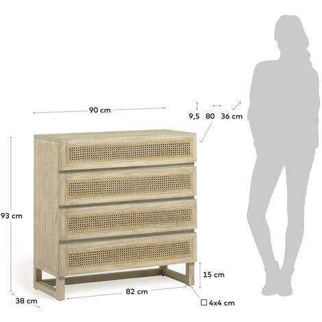 Kave Home - Commode Rexit 4 Tiroirs Bois Massif Et Contreplaqué De Mindi Avec Rotin 90 X 93 Cm - Naturel 5 Kave Home - Commode Rexit 4 Tiroirs Bois Massif Et Contreplaqué De Mindi Avec Rotin 90 X 93 Cm - Naturel – Image 3